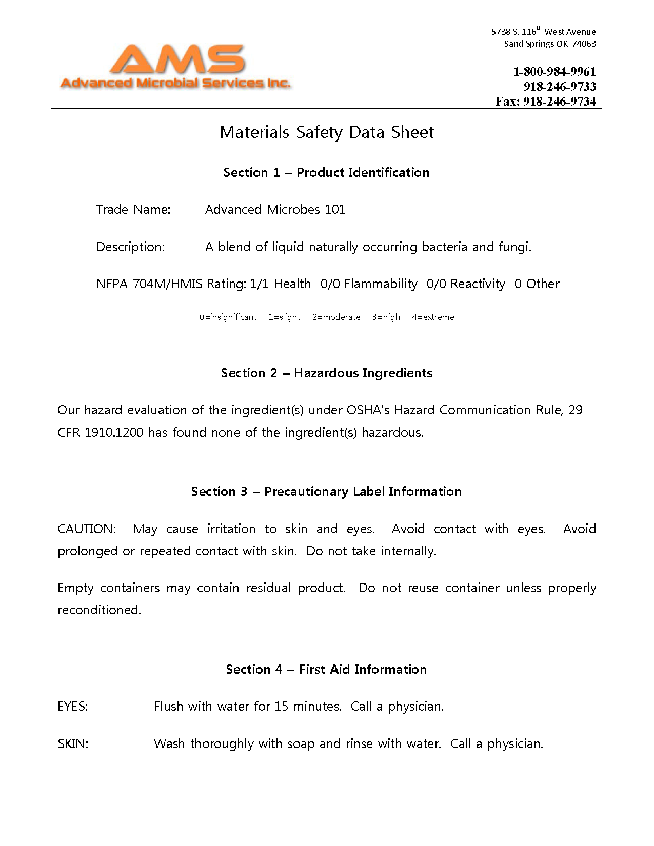 Advanced Microbes 101 Safety Sheet