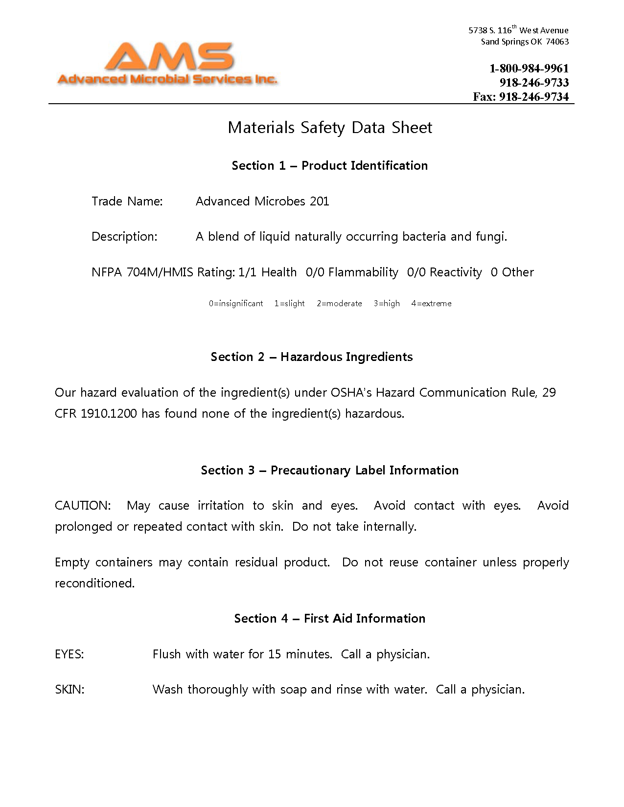 Advanced Microbes 201 Safety Sheet